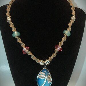 Dragonfly on a Milky Blue-White Teardrop on a Handmade 17" Tan Hemp Necklace